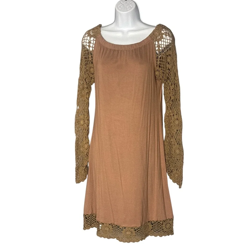 Union of Angels Brown Crochet Sleeve Dress M‎ Casual Boho Coastal Cowgirl